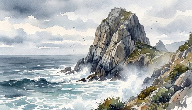Granite Coastal Monolith Watercolor Landscape with Ocean Cliffs Waves and Dramatic Cloudy Sky
