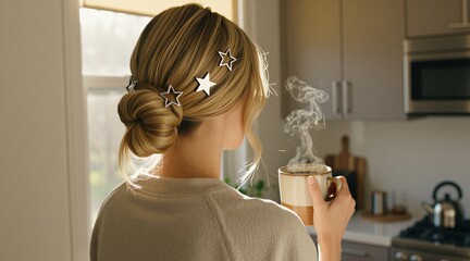 Naklejka premium Blonde woman with star hair clips stands in modern kitchen. Holds ceramic mug with hot steaming coffee during peaceful morning. Back view of young female in cozy sweater enjoys quiet domestic time at