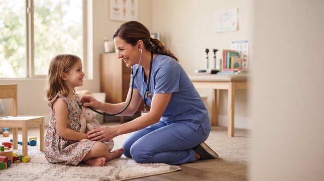 A caring nurse gently examines a young girl's heart with a stethoscope in a bright, child-friendly examination room, fostering a sense of trust and comfort during a medical check-up.