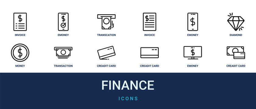 Set of 12 outline web Finance icons such as creadit card, emoney, creadit card, creadit card, transaction, money, diamond vector icons for report, presentation, diagram, web design, mobile app