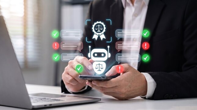 ai governance and legal compliance monitoring concept showing executive using mobile device with holographic chatbot, verification symbols, and moderation dashboard for regulated digital interaction

