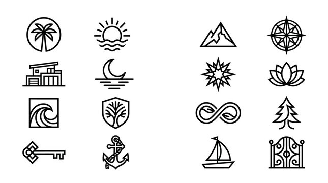 Nature and nautical outdoor activity line branding icons.