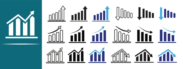 Fototapeta premium Business Growth and Decline Analytics Chart Icons Featuring Financial Performance Monitoring, Revenue Trends, Market Statistics, KPI Tracking and Corporate Dashboard Reporting Elements