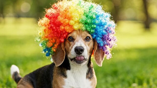 Beagle dog wearing rainbow afro wig in sunny park