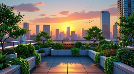 Obraz premium Green urban roof garden with various plants, flowers in pots overlooking modern city skyline at sunset. Rooftop balcony provides peaceful scenic view of metropolitan buildings, skyscrapers. Nature