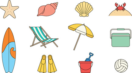 Summer Beach Vacation Icon Collection Featuring Surfboard, Beach Chair, Umbrella, Cooler, Flippers, Seashell, Starfish and Coastal Holiday Essentials © Nasima