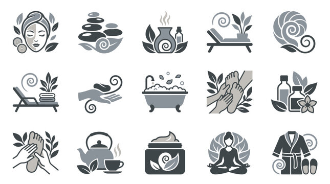 Gray spa treatment and wellness icon collection