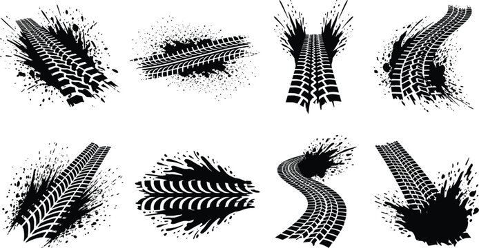 Set of black and white tire tracks with mud splatters and grunge background elements vector illustration