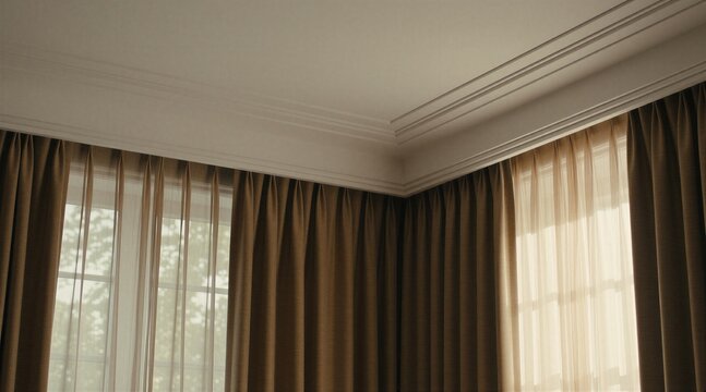 White ceiling corner with plastic cornice rail above window frames. Modern room interior features layered brown opaque fabric curtains, transparent sheer drapes. Sunlight filters through textile