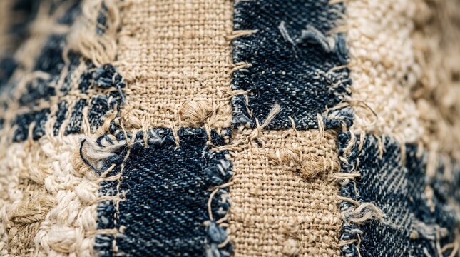 Vintage patchwork denim fabric texture, rustic boro style textile background, frayed indigo and beige linen patches with visible stitching