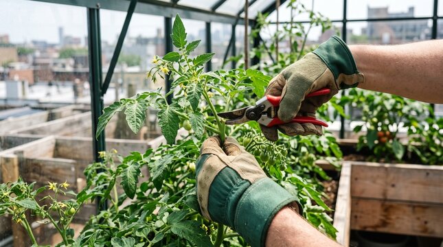 Urban gardening in rooftop greenhouse, gardener pruning tomato plants with shears, sustainable city farming and organic vegetable cultivation