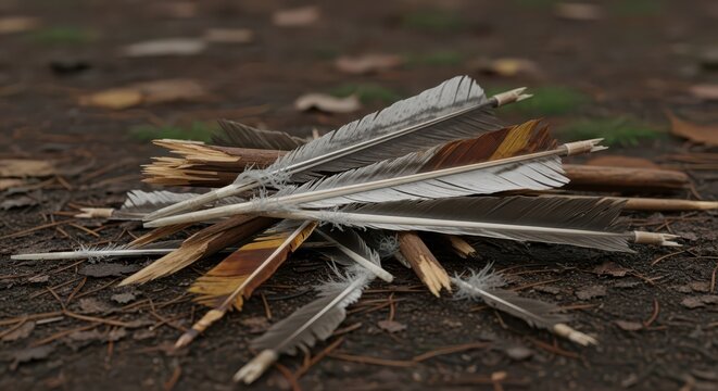 Pile of Arrows with Feathers and Broken Wooden Shafts on Forest Floor, Close-up