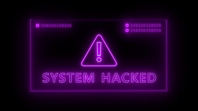 A glowing "System Hacked" warning alert on a computer screen, symbolizing a cyber attack, spyware infection, and malicious software breach in a digital network.