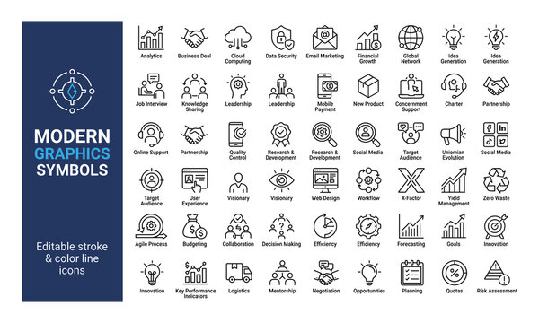 Modern, graphics, symbols, business, icons, set, vector, illustration, line, art, outline, design, elements, technology, finance, management, strategy, global, digital, creative