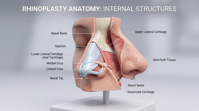 Rhinoplasty anatomy internal structures nasal bone septum lower lateral cartilage medial crus nasal tip upper lateral cartilage skin soft tissue nasal spine sesamoid cartilage
