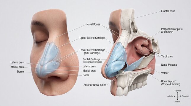 Nasal bones, upper lateral cartilage, lower lateral cartilage, septal cartilage, and nasal septum anatomy are illustrated detailed medical diagram showing both external and internal nose