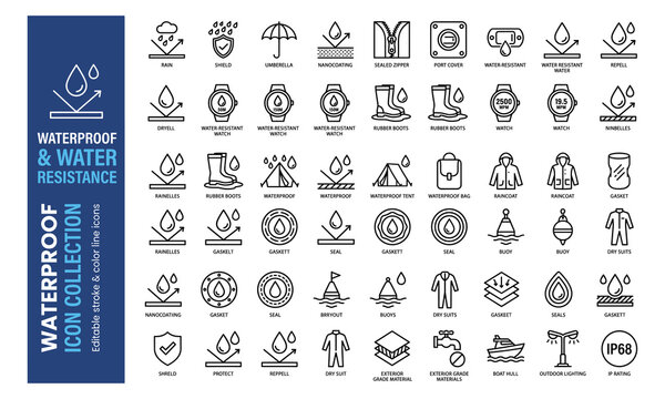 Comprehensive waterproof and water resistance outline vector icon collection featuring protective gear, watches, umbrellas, shields, nanocoating, and IP68 rating symbols.