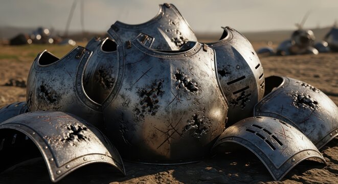 Pile of Battle-Damaged Medieval Knight Armor Chest Plates and Shoulder Pauldrons Scattered on Ground