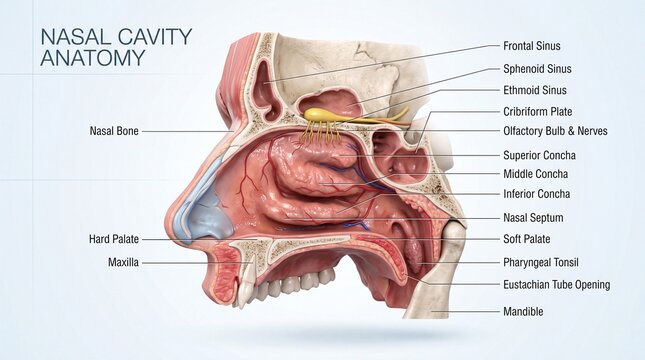 Nasal bone maxilla hard palate soft palate mandible nasal septum superior concha middle concha inferior concha sphenoid sinus ethmoid sinus frontal sinus olfactory bulb and nerves cribriform plate