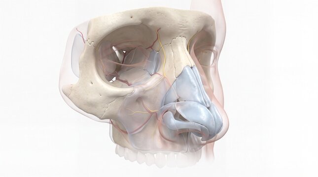 Nose anatomy human skull nasal bone cartilage blood vessel nerve facial structure medical illustration detailed educational anatomical white background