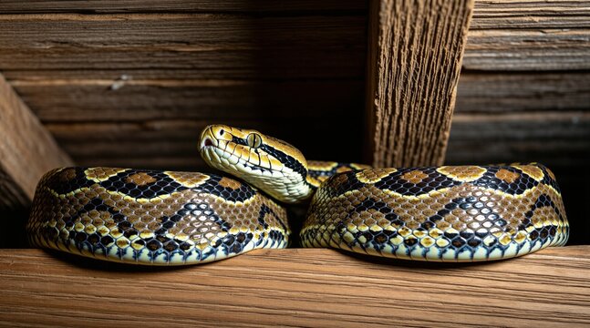 Gaboon viper coiled on rustic wood beam. Reptile has patterned scales, yellow eyes, black markings. Close-up wildlife portrait in natural environment.