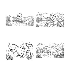 Obraz premium Set of four hand drawn black and white coloring page illustrations featuring various cute animals and nature scenes