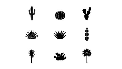 Fototapeta premium Cacti and Plants in Black Silhouettes Arranged in a Grid Pattern Featuring Desert, Succulents, Agave with Aloe and Palm Elements