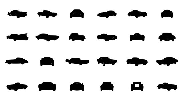 Cars Arranged in a 4x6 Grid Showcasing Various Classic Car Silhouettes Featuring Vehicles, Transportation, Vintage
