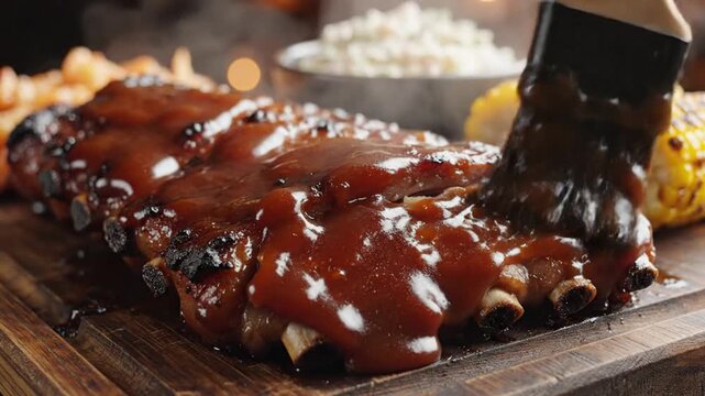 Close up of a delicious rack of pork ribs being brushed with barbecue sauce.
