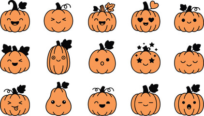 Fototapeta premium Set of cute kawaii pumpkin characters with various facial expressions for halloween holiday decorations and autumn season designs