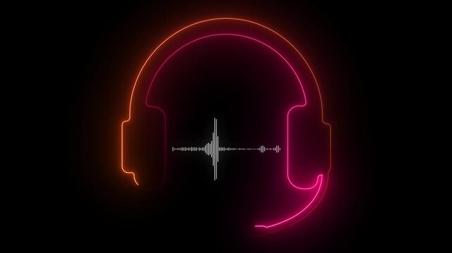 Glowing neon lights headphones animation footage , Audio technology wave concept and design under the concept black and colorful emphasize simplicity ,White audio waveform.