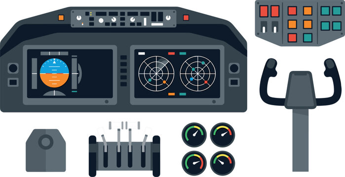 Aircraft Cockpit Dashboard Vector Icon Set with Control Yoke Radar Screen Throttle Lever Buttons and Gauges for Flight Simulator Applications