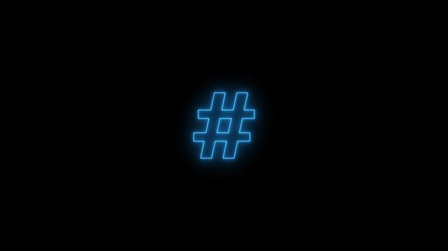 Number sign Text blue neon light sign flicker motion graphic animation on black background