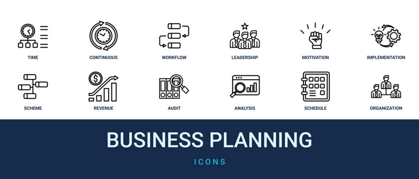 Set of 12 outline web Business Planning icons such as organization structure, schedule, analysis, audit, Revenue, scheme, implementation vector icons for report, presentation, diagram, web design,