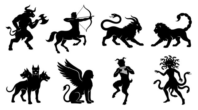 Set of black mythical creature silhouettes, minotaur, centaur, chimera, manticore, cerberus, griffin, satyr, medusa, ancient folklore and legends