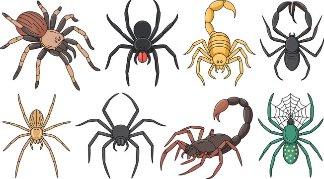 Arachnid vector set with spiders tarantula scorpions tick and web isolated on white background for halloween nature design