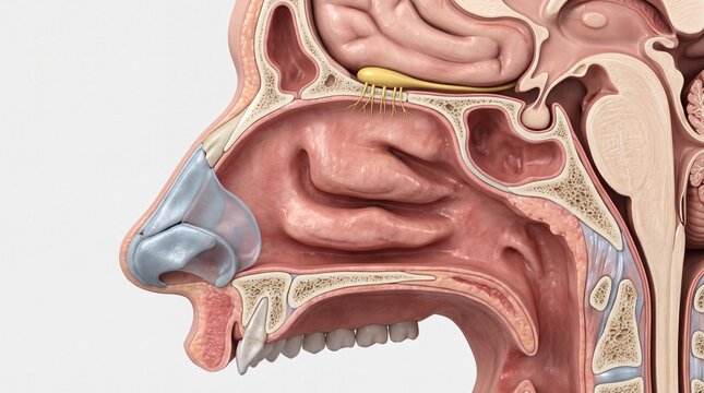 Cross section nose anatomy medical illustration showing nasal cavity, sinus, olfactory nerve, mouth, teeth, and brain in detailed educational style