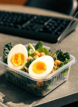 Office meal prep concept. Healthy salad with boiled eggs and chickpeas in a plastic container on a desk with a keyboard in the background.