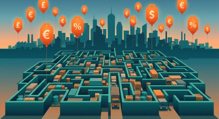 Obraz premium Maze of balloons; central bank navigates price expectations; credit crunch risk, confidence weak.