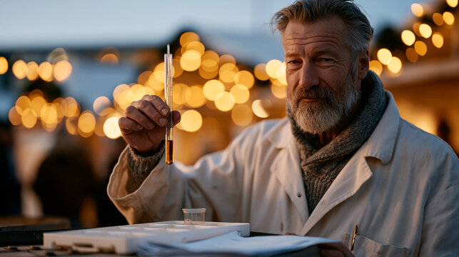 A distillery worker holds a single hydrometer tube up to vibrant Christmas market lights outside, the amber liquid glowing like a festive ornament, short term rental neighbor