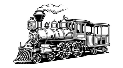 Vintage steam locomotive train engine engraving. © Agung