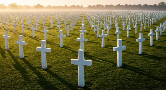 Panoramic View of a Vast Military Cemetery with White Crosses at Sunrise, Evoking Solemnity and Remembrance
