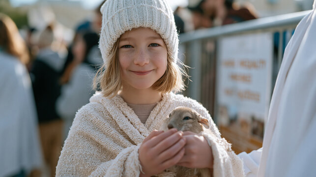 A child zookeeper volunteer hand-feeds a small animal at a crowded holiday zoo event, housing inequality awareness posters visible on the urban park fence behind the young