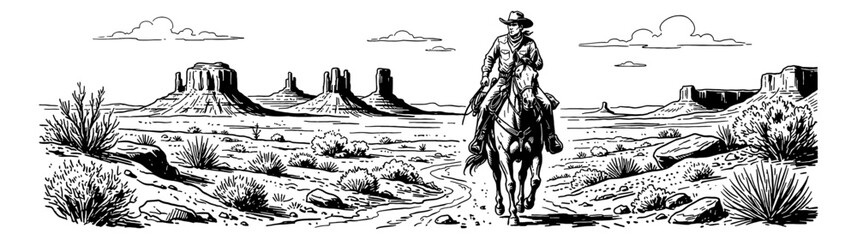 Naklejka premium Determined American cowboy riding horse on a long journey through a rugged desert landscape vintage illustration