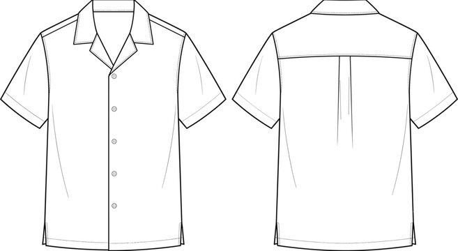 Technical fashion flat sketch of a classic short sleeve camp collar button up summer shirt