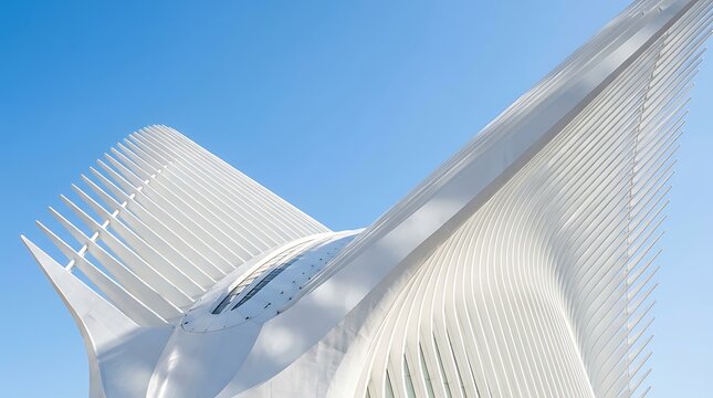 Modern futuristic white architectural structure with curved rib design against clear blue sky