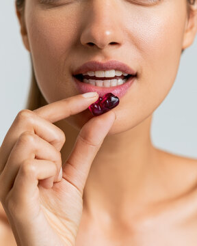 Mouth closeup hand holding gummy bear sleep supplement near lip, soft studio portrait with clean light background and blank space