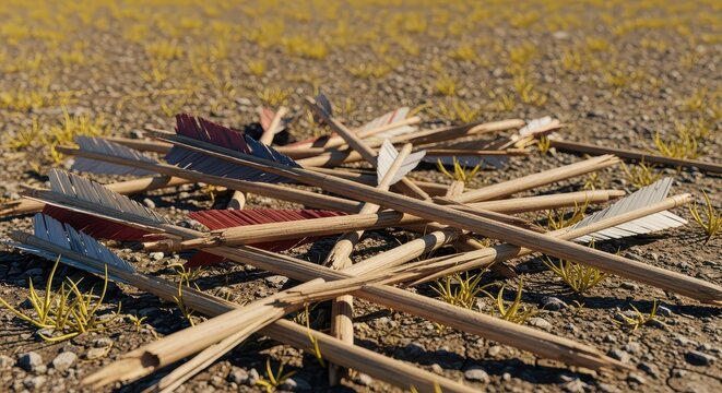 Pile of wooden arrows with feather fletching scattered on dry grassy ground, historical combat concept