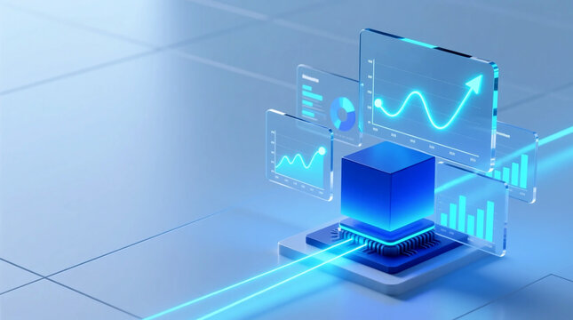 3D render showing digital marketing consumer behavior analysis with glowing charts floating glass data panels on blue platform, viewed from isometric angle