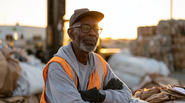 An elderly recycling operations supervisor in golden late afternoon light oversees the conversion of a former commercial warehouse yard into sorted material streams, forklifts